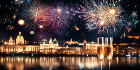 fireworks in the night sky over the city, new year celebration concept