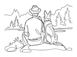 owner dog fun walk love one line art design vector