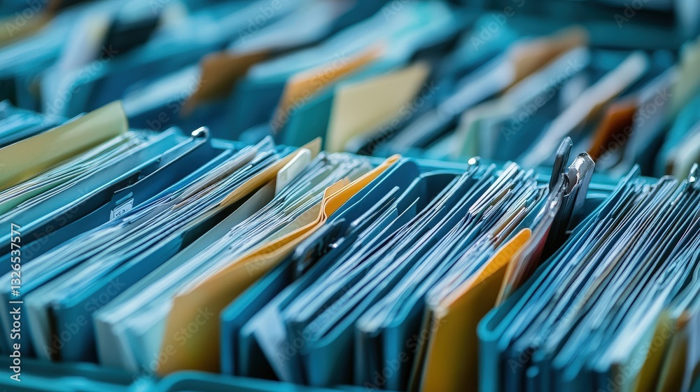 Poster a close-up view of neatly organized files in various colors, showcasing a methodical approach to doc