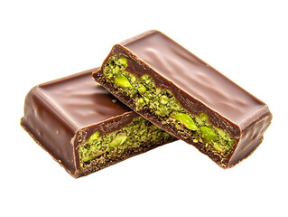 Dubai chocolate bar filled with pistachio isolated on white background.