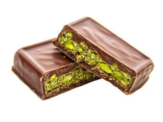 Dubai chocolate bar filled with pistachio isolated on white background.