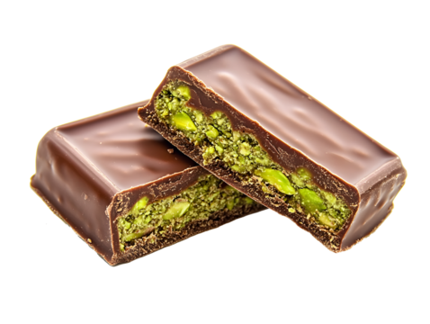 Dubai chocolate bar filled with pistachio isolated on white background.