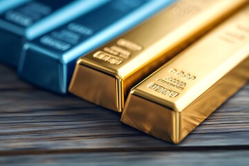 Gold and other precious metal bars resting on wooden table
