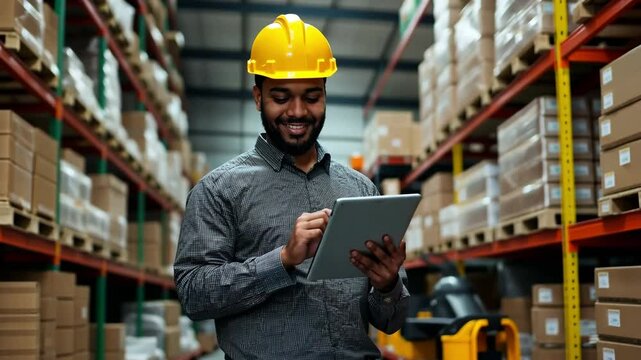 An Indian businessman is using a tablet to oversee a warehouse in a distribution center. Package supervisor for the warehouse: