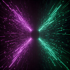 Fototapeta premium A digital tunnel with glowing purple and green light streaks symbolizing data flow and technological innovation.