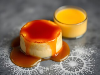 Delicious Caramel Flan Dessert with Orange Juice - Sweet Treat, Culinary Delight, Gourmet Food Photography