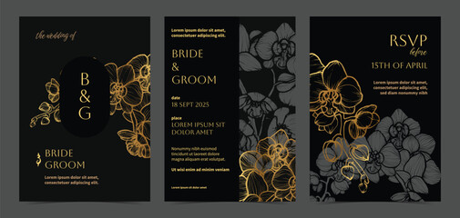 Beautiful golden wedding invitations. Modern and luxurious A4 vector format design with highly detailed flowers for print and web. Hand drawn orchids illustrations on black and gold design © Muza