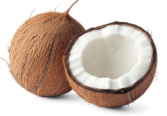 Fresh Coconut and Cross Section on White Background Tropical Fruit