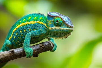 Obraz premium Vibrant green chameleon with striking blue and yellow stripes perched on a branch in nature
