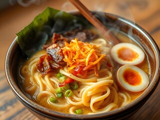 Delicious Ramen Noodles Bowl with Egg, Meat, and Vegetables - Japanese Cuisine Food Photography