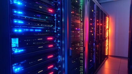 Naklejka premium Modern Server Racks with Illuminated LED Indicators for Professional IT Infrastructures.