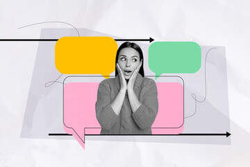 Composite art 3d creative image collage of shocked girl open mouth bubble communication speech...