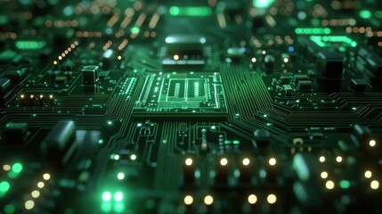 Fototapeta premium Closeup View of a Futuristic Green Circuit Board with Illuminated Pathways and Integrated Microchip