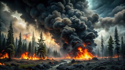 Dark ominous black smoke billows from the charred remains of a burning forest