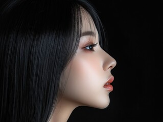 Fototapeta premium Serene Womans Profile Against Black Background, Representing Beauty and Elegance, Ideal for Cosmetics Ads, Haircare Campaigns, and Fashion Magazines.