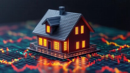 business investment concept, Miniature house on a fluctuating digital graph background.