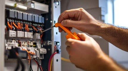 Electrician s hands at work  close up of wiring and components in a modern home s electrical panel