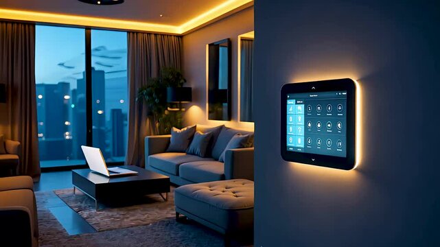 Smart home security system with digital touchscreen control panel in a modern luxury apartment
