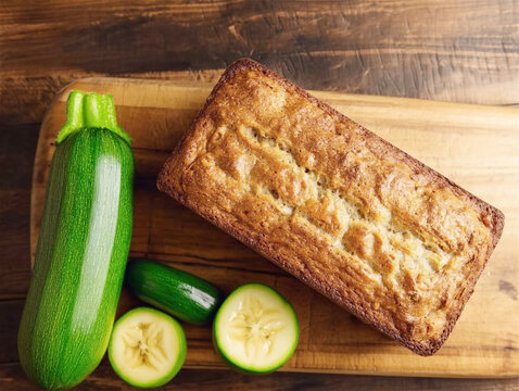 Homemade zucchini bread loaf on wooden cutting board with fresh sliced green vegetable. Freshly baked healthy vegetarian dessert with organic ingredients on rustic kitchen countertop. - Powered by Adobe