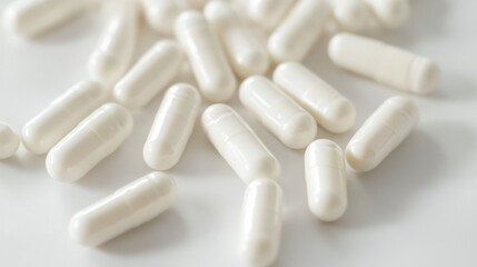 White medical capsules promoting health and well-being resting on white surface