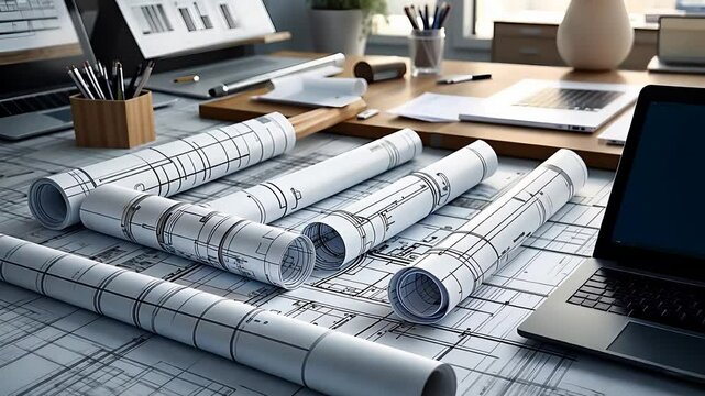 Architectural Blueprints on Designer&rsquo;s Desk with Rolled Plans, Technical Drawings, Laptop, and Modern Workspace Setup

