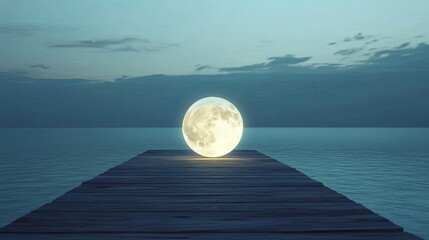 A surreal concept of a glowing moon resting on a wooden dock over calm water. picture
