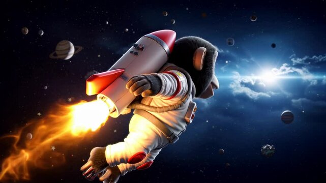 A playful monkey in a spacesuit, soaring through space with a rocket, surrounded by planets and stars - a black monkey