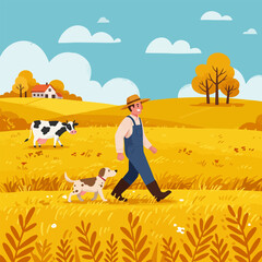 Farmer Walking with Dog on Golden Field with Cow and Farmhouse