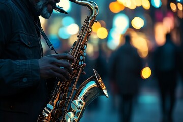 Obraz premium Nighttime jazz performance close up of saxophone keys amidst bokeh lights in nyc streets