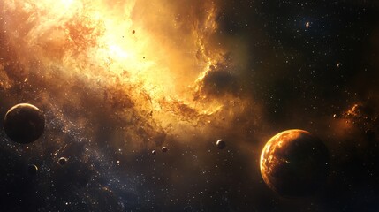 Obraz premium Futuristic Space Scene with Fictional Planets in High-resolution Background photograph - AR 16:9