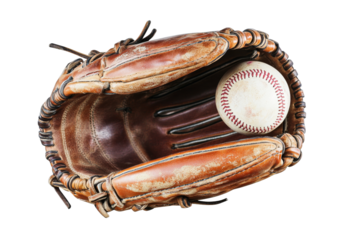 Vintage leather baseball glove and ball on clear bg