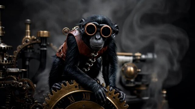 A steampunk monkey wearing goggles sits on a large gear amidst smoke, showcasing a whimsical scene - a black monkey