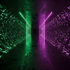 A digital tunnel with glowing purple and green light streaks symbolizing data flow and technological innovation.