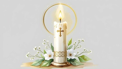 white Communion candle with flowers