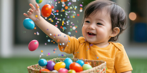 Obraz premium A joyful child plays with colorful eggs, surrounded by confetti, expressing happiness and excitement during a festive celebration.