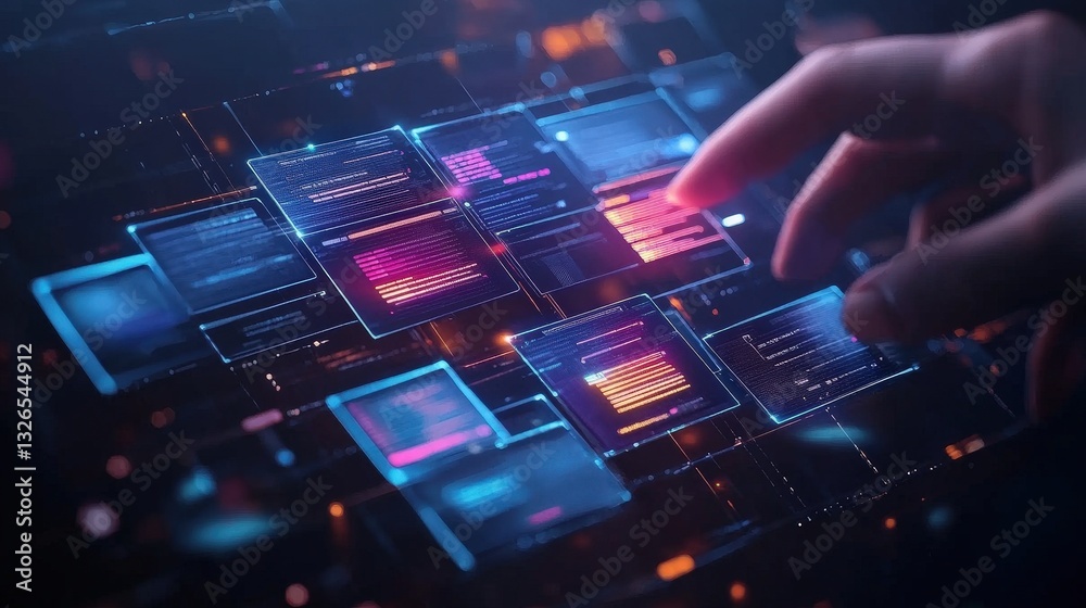 Poster a close-up of a hand interacting with a futuristic digital interface featuring glowing panels and da