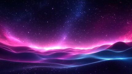 Fototapeta premium Vibrant pink and blue nebula landscape with glowing waves and starry sky.