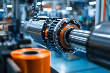Fototapeta premium Close up of electric motor on production line with angular motion blur and industrial background