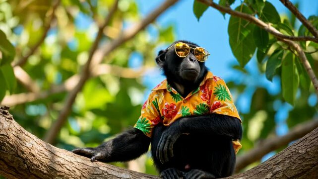 Playful monkey wearing sunglasses and a vibrant floral shirt lounging on a tree branch in a sunny setting - a black monkey