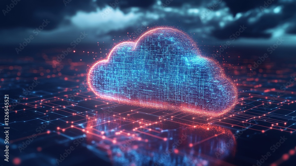 Poster a digital cloud composed of data streams, illuminated with blue and red lights, symbolizing cloud co