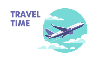 Airplane gaining altitude between clouds. Travel and vacation time. Vector illustration in a minimalistic style.