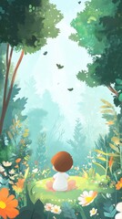 A small child observes the beautiful nature in the forest