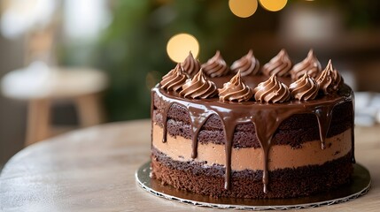 Luxurious chocolate layer cake with a single lit candle ready for celebration and indulgence in every bite
