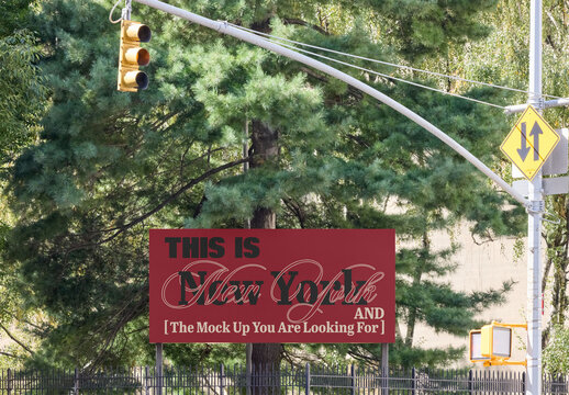 Mockup of Empty Billboard in New York Surrounded by Lush Greenery