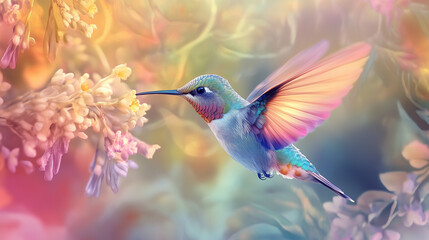 Fototapeta premium Colorful pastel background with a bird, featuring vibrant colors, a soft, misty atmosphere