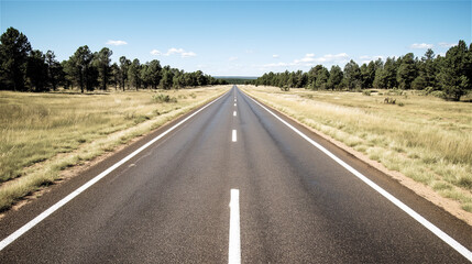 Naklejka premium Empty straight highway road stretching to horizon with trees on both sides. Rural asphalt road with white center line markings through countryside landscape creating vanishing point perspective.