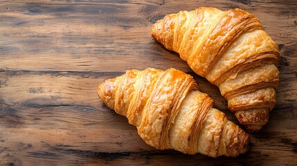 Two freshly baked croissants displayed together on a soft surface for a tempting morning treat or snack