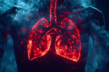 Close up of a human chest with lungs and red glowing smoke against a dark blue background