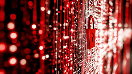 Red cybersecurity visualization with digital padlock on binary code background. Computer data protection concept showing lock symbol against glowing matrix pattern representing digital safety.