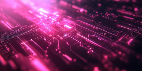 Bright pink and black abstract digital circuit pattern representing technology and innovation in a futuristic data landscape